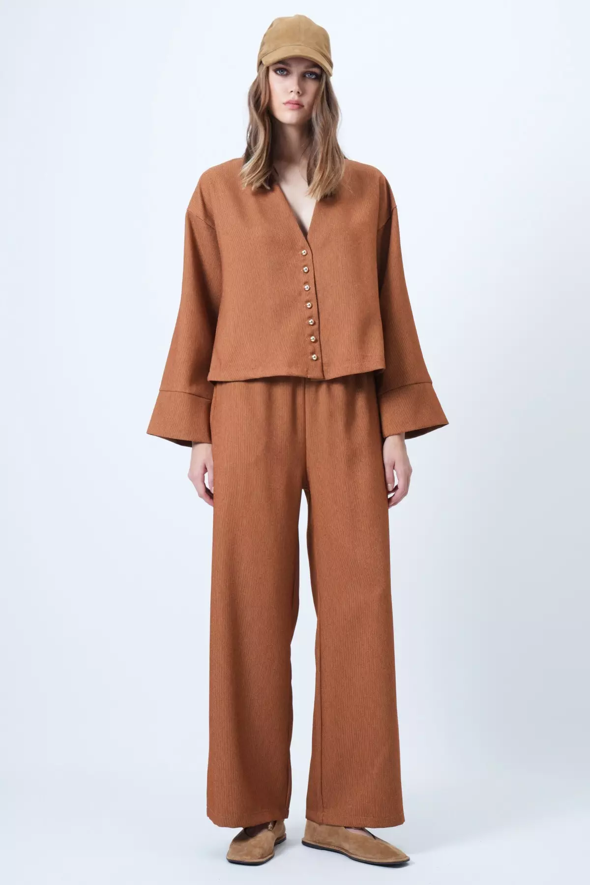 Cinnamon Brown Hakim Collar Gold Button Detailed Velvet Jacket And Palazzo Trousers Set Alc-X14633