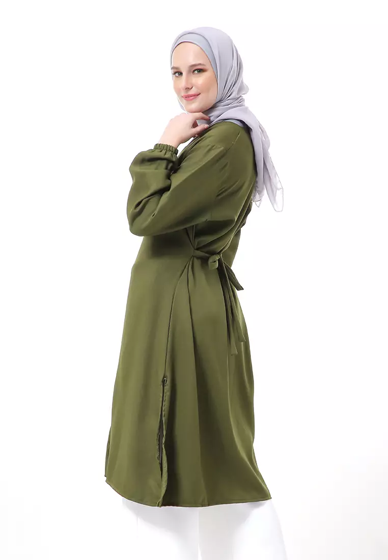 Indira Long Tunik Muslimah Atasan Wanita Long Sleeve Casual Premium Quality - Army