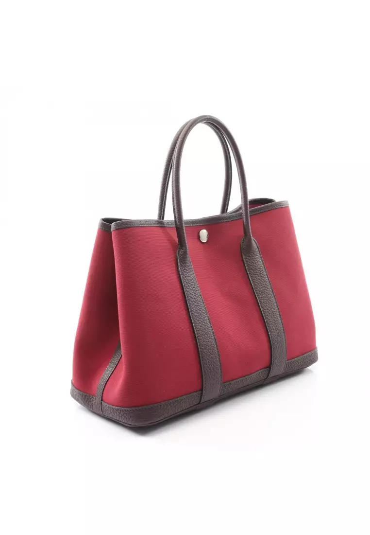 Pre-Loved Hermès garden party TPM Rouge Imperial Rouge Serie Handbag tote bag Toile Officier buffalo Bordeaux Dark brown silver hardware Z stamp