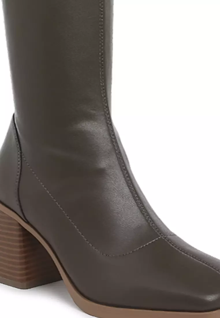 Sepatu bot hak blok kulit imitasi warna coklat