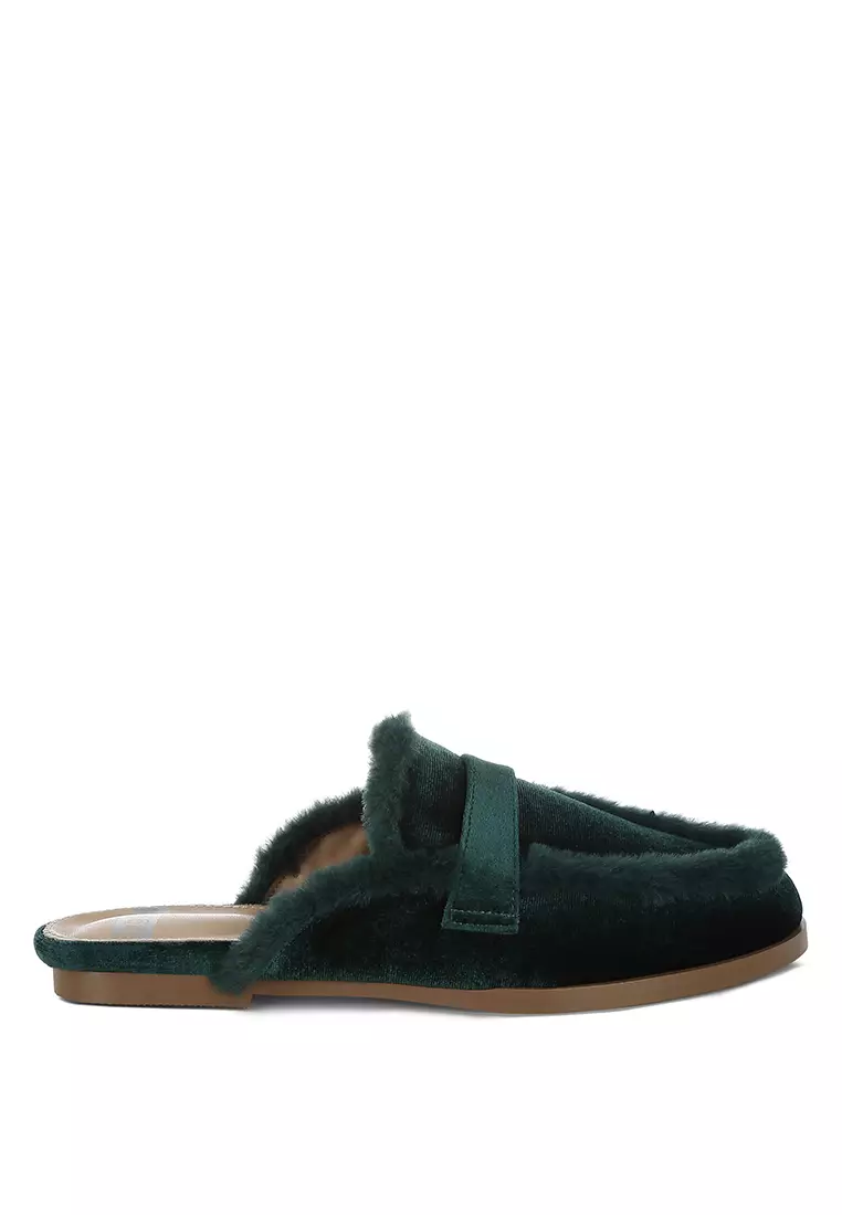 Discount on Rag & CO.  shoes - SKU: Fur Detail Velvet Slip-On Mules in Bottle Green