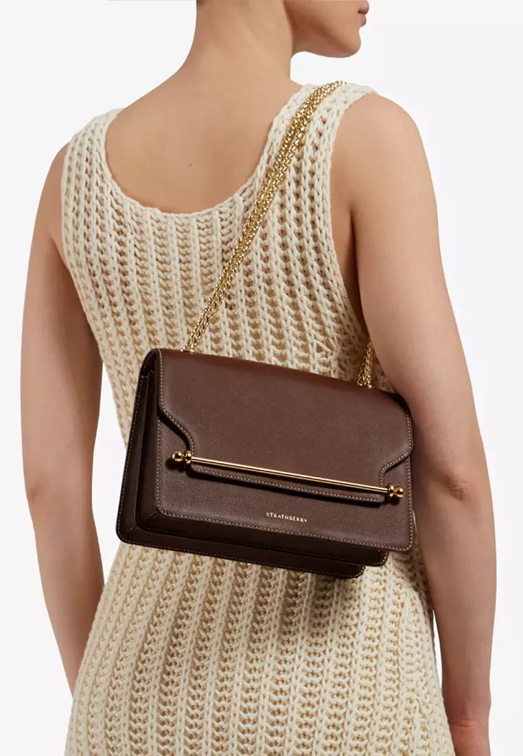 Strathberry East West Mini Crochet Strap Leather Bag Brown