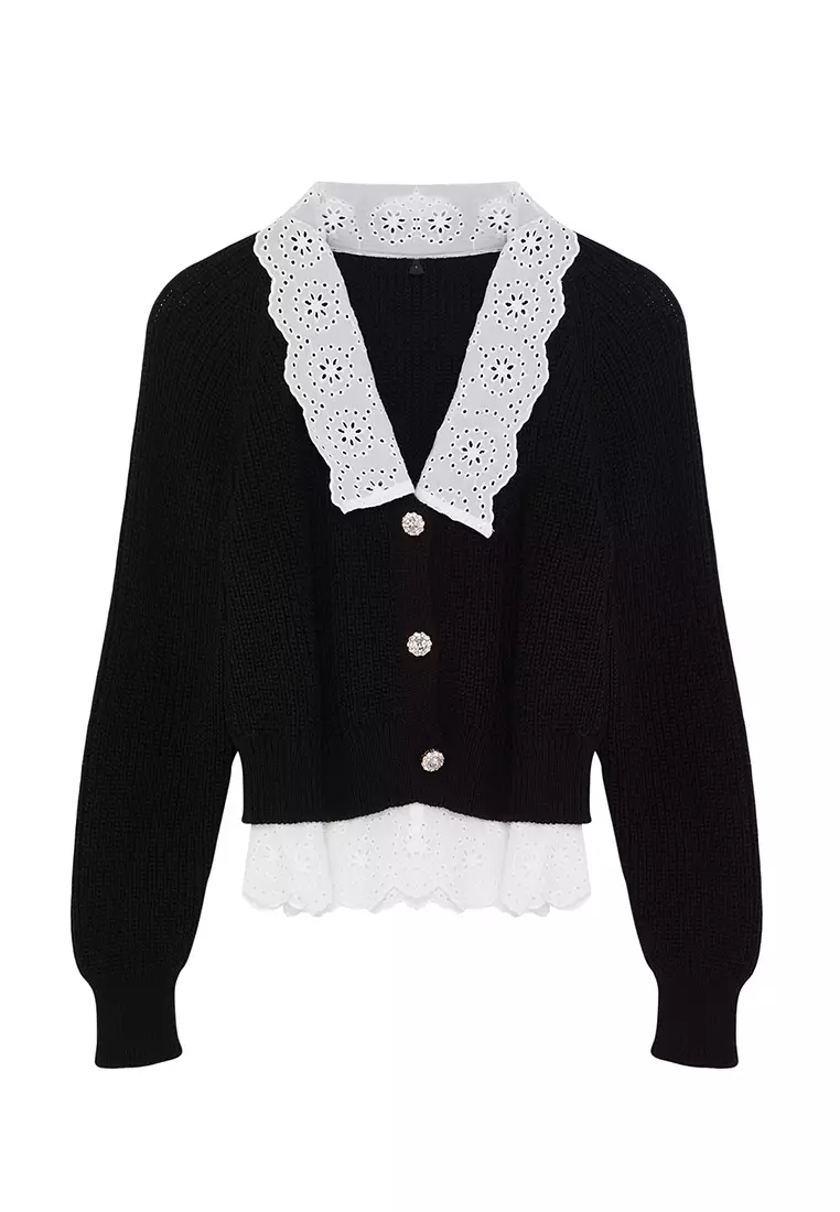 Black Crop Woven Garni Detailed V Neck Knitwear Cardigan TWOAW24HI00221