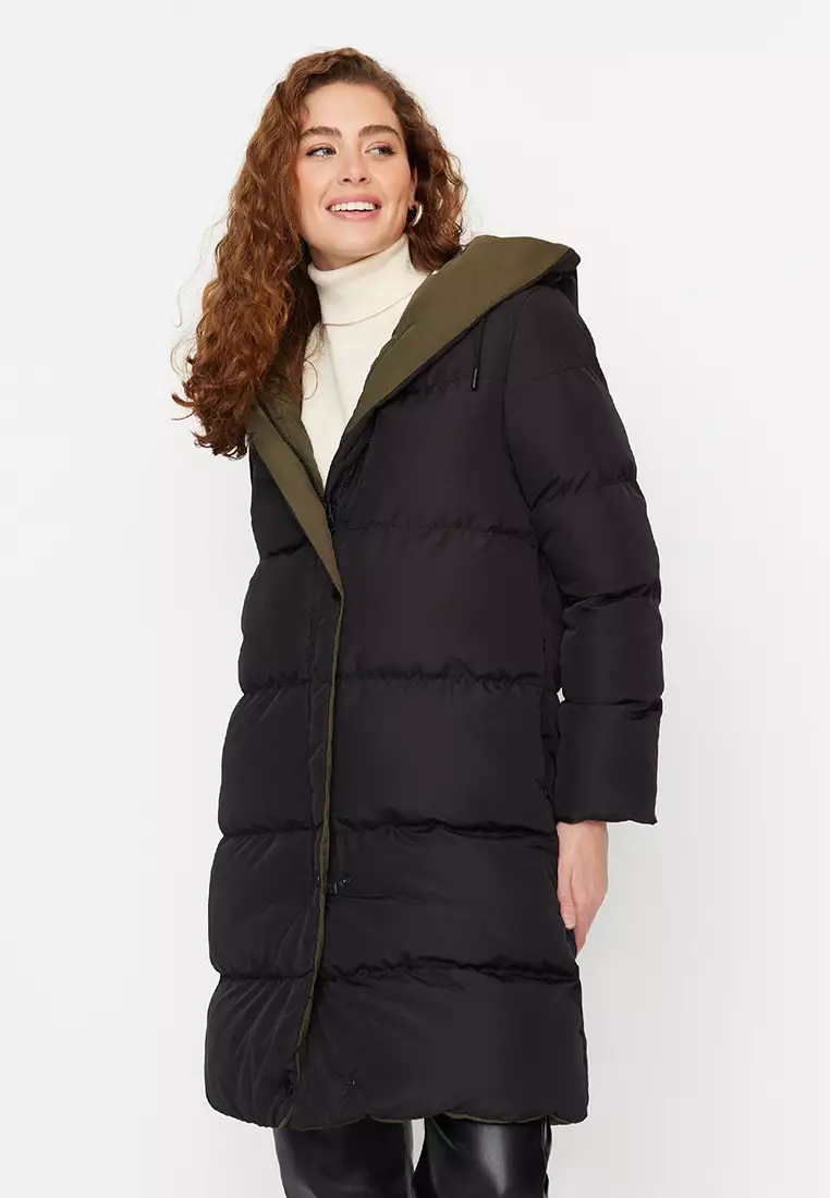 Black-Khaki Double Sided Hooded Water Repellent Long Puffer Jacket TWOAW23MO00052