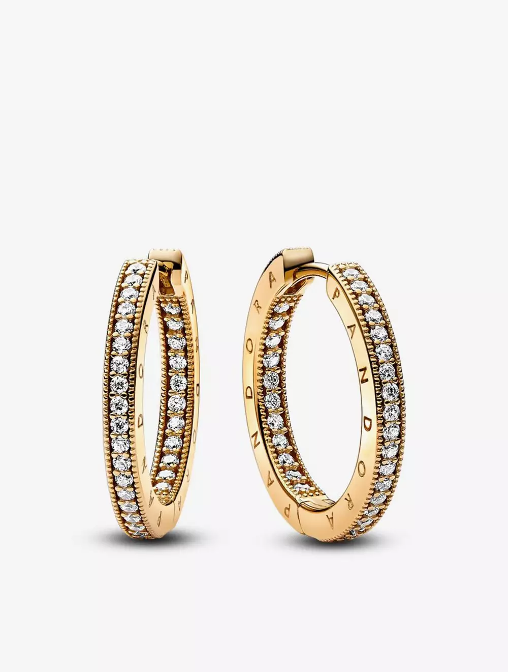 Pandora logo 14k gold-plated hoop earrings with clear cubic zirconia