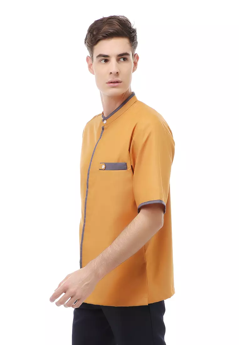 Dwan Atasan Formal Pria Kemeja Koko Polos Lengan Pendek Material Cotton ORIGINAL - Yellow