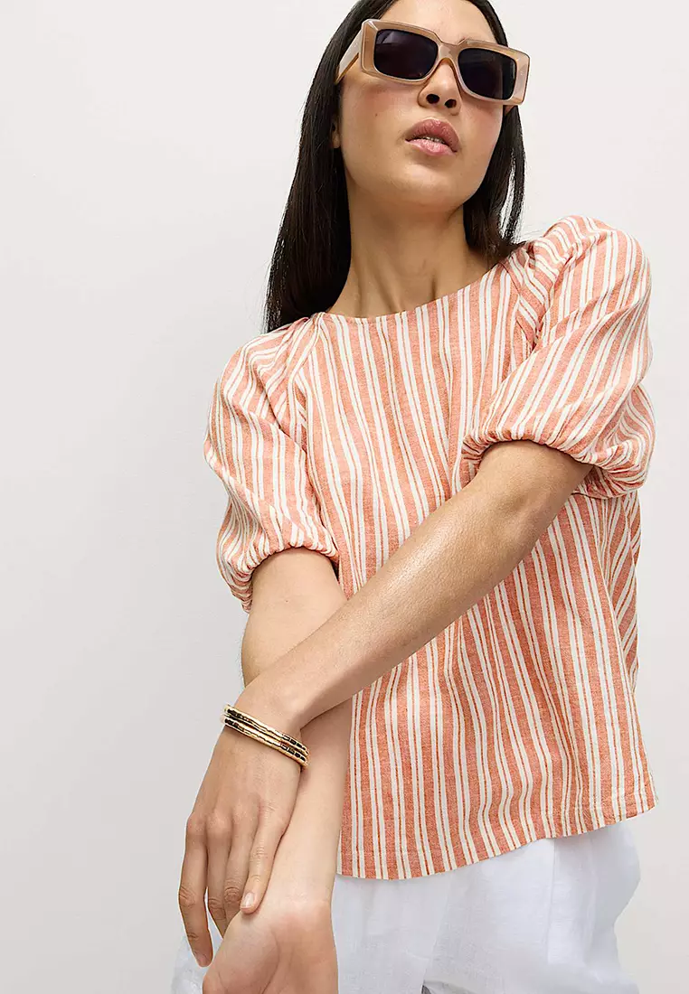 Linen Rich Striped Puff Sleeve Blouse