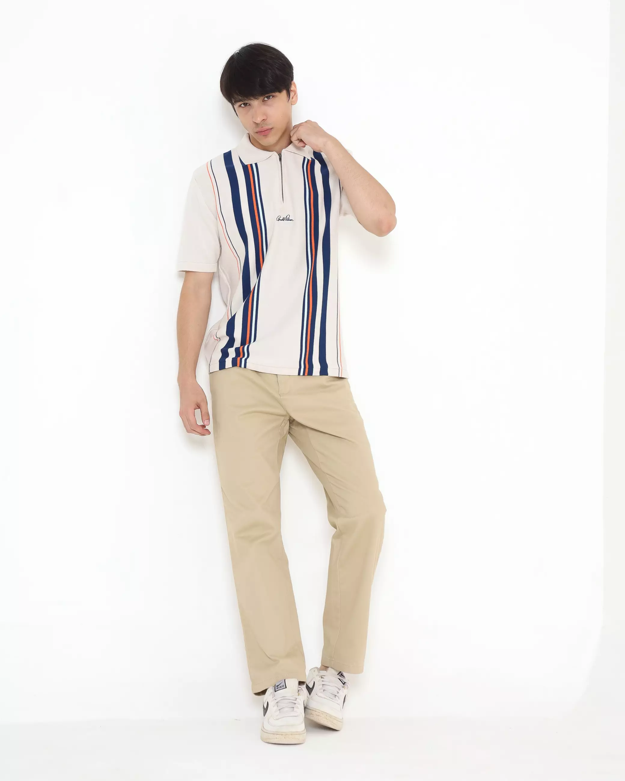 SHORT SLEEVE KNITTED ZIPPER POLO SHIRT CREAM