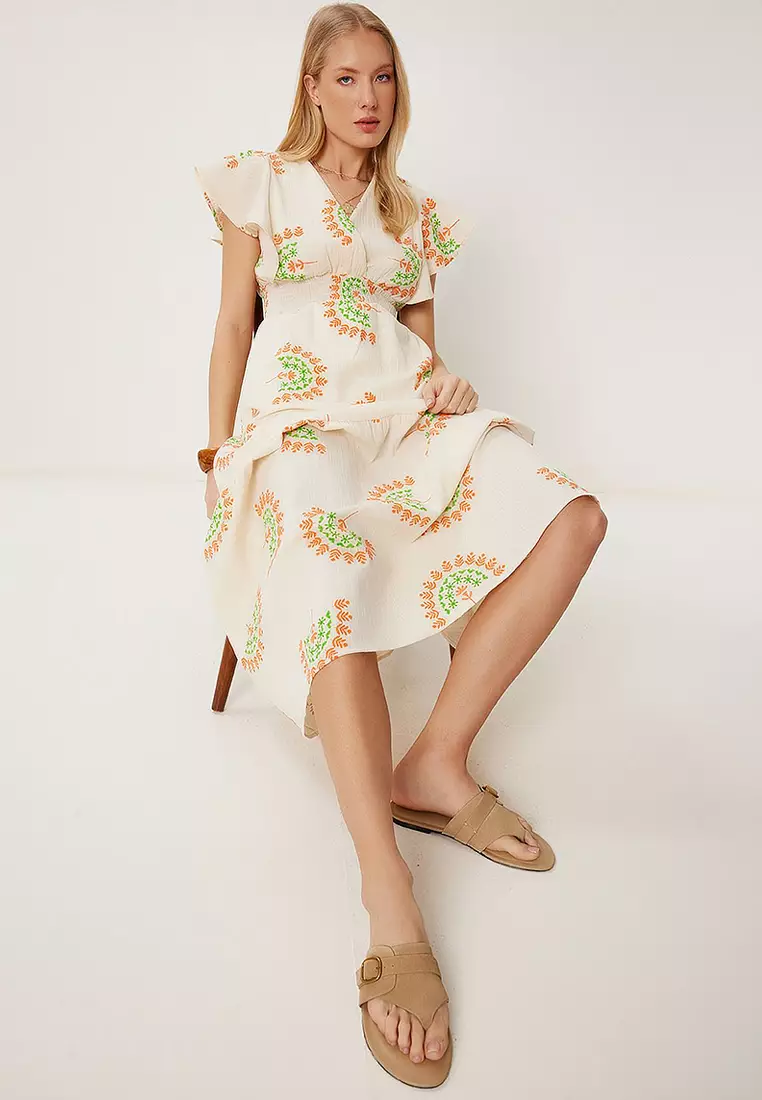 Patterned Flounce Summer Linen Dress