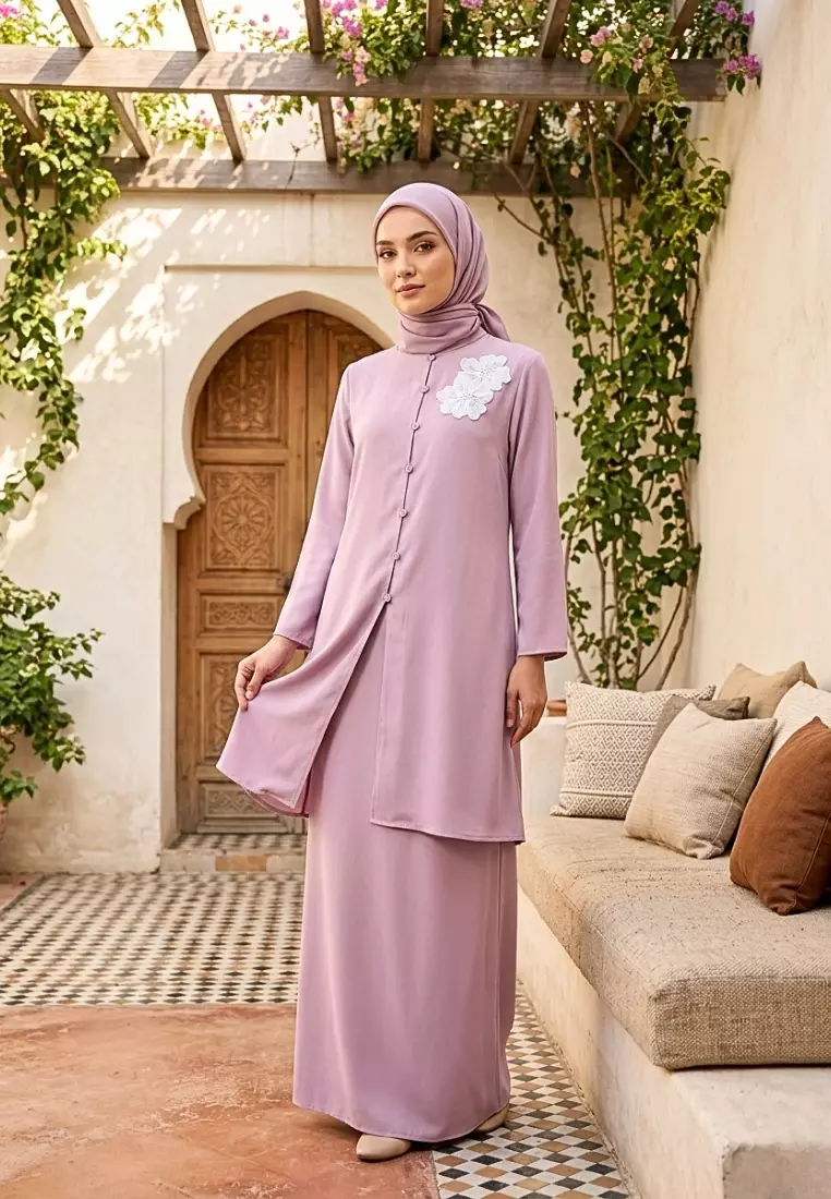 Baju Kurung Dengan lace detail tunic set pink– one set muslimah elegant button tunic By Brilliant Girl Warna PINK