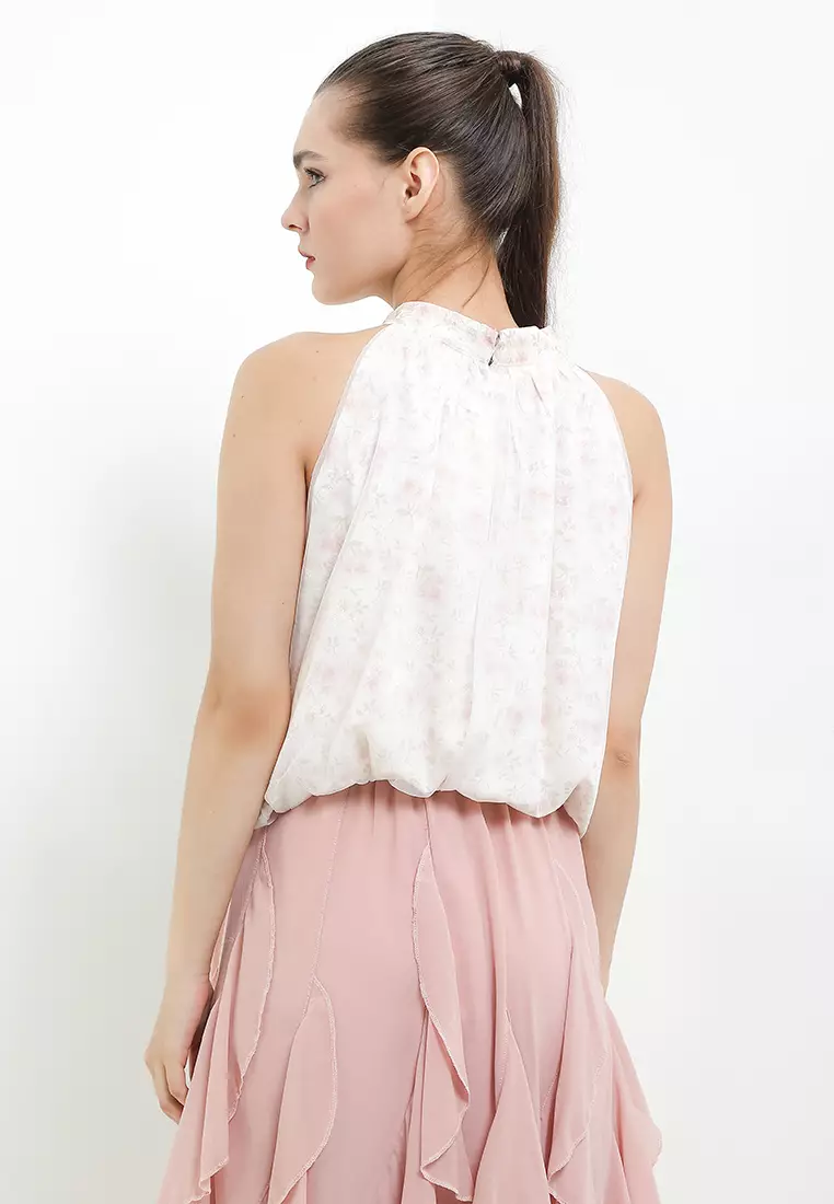 Balloon Hem Flo Print Halter Qipao Top Lined W/ Tulle