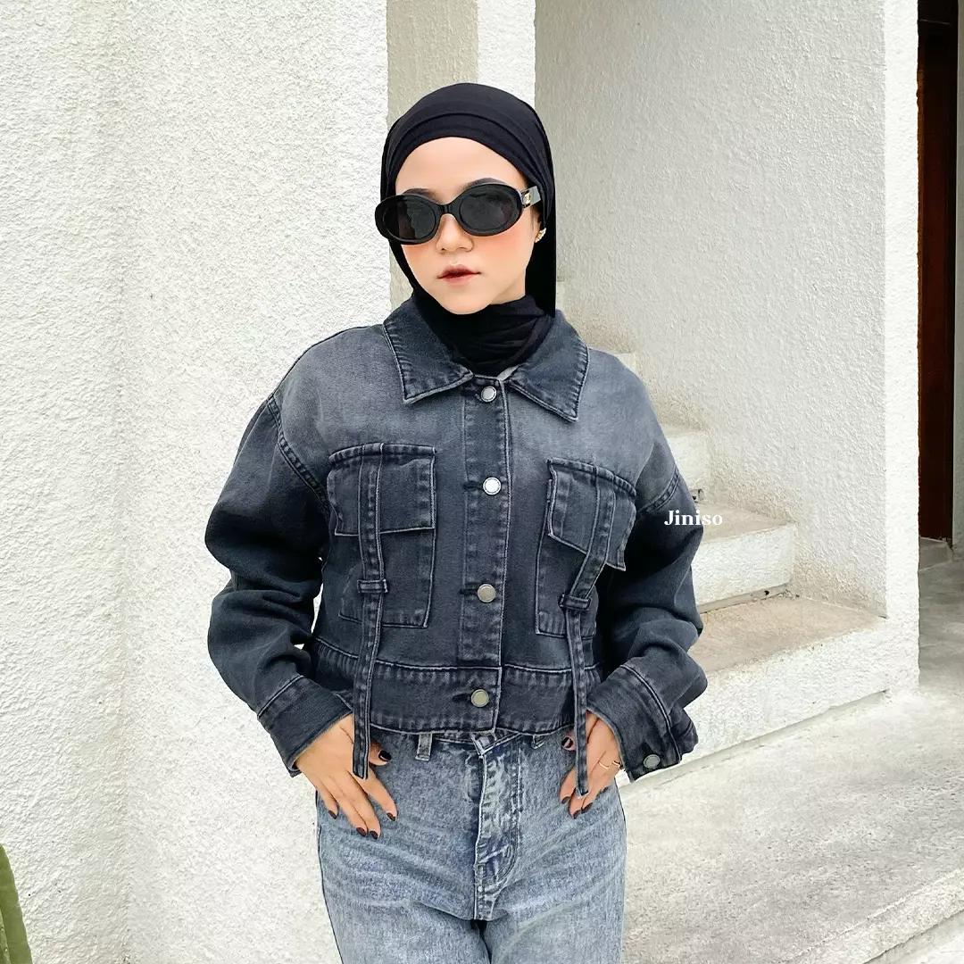 Jaket Crop Jeans Oversize Boxy Black Spray