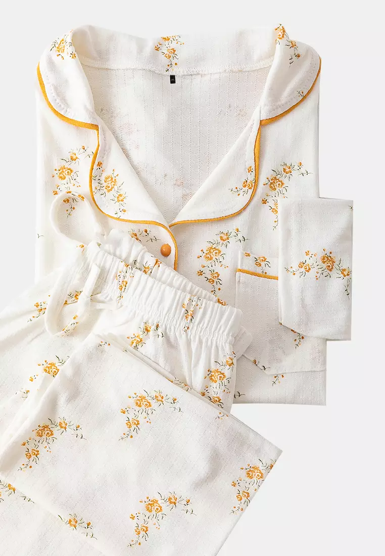 Multicolored Floral Patterned Shirt Collar Textured Knitted Pajama Set