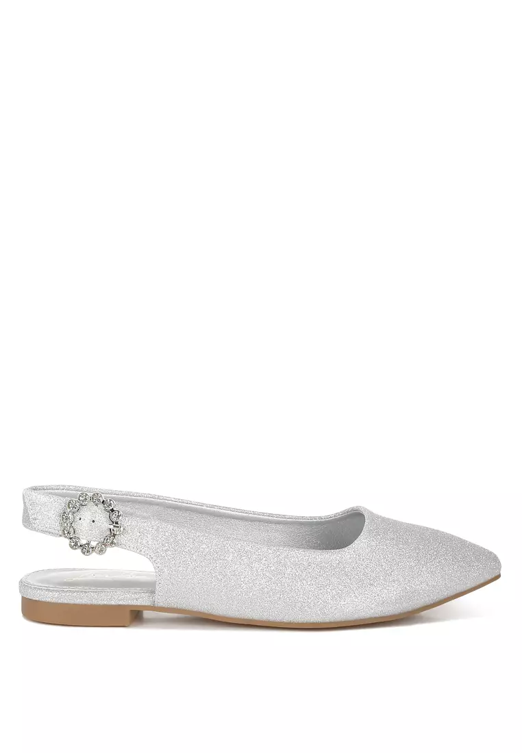 Glitter Slingback Flat Sandals in Silver