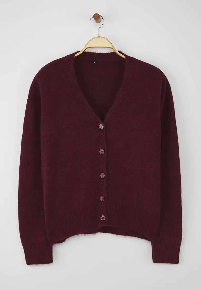 Wardrobe Essentials Burgundy Wool Wide-Cut V-Neck Knit Cardigan | Twoaw26Hi00083