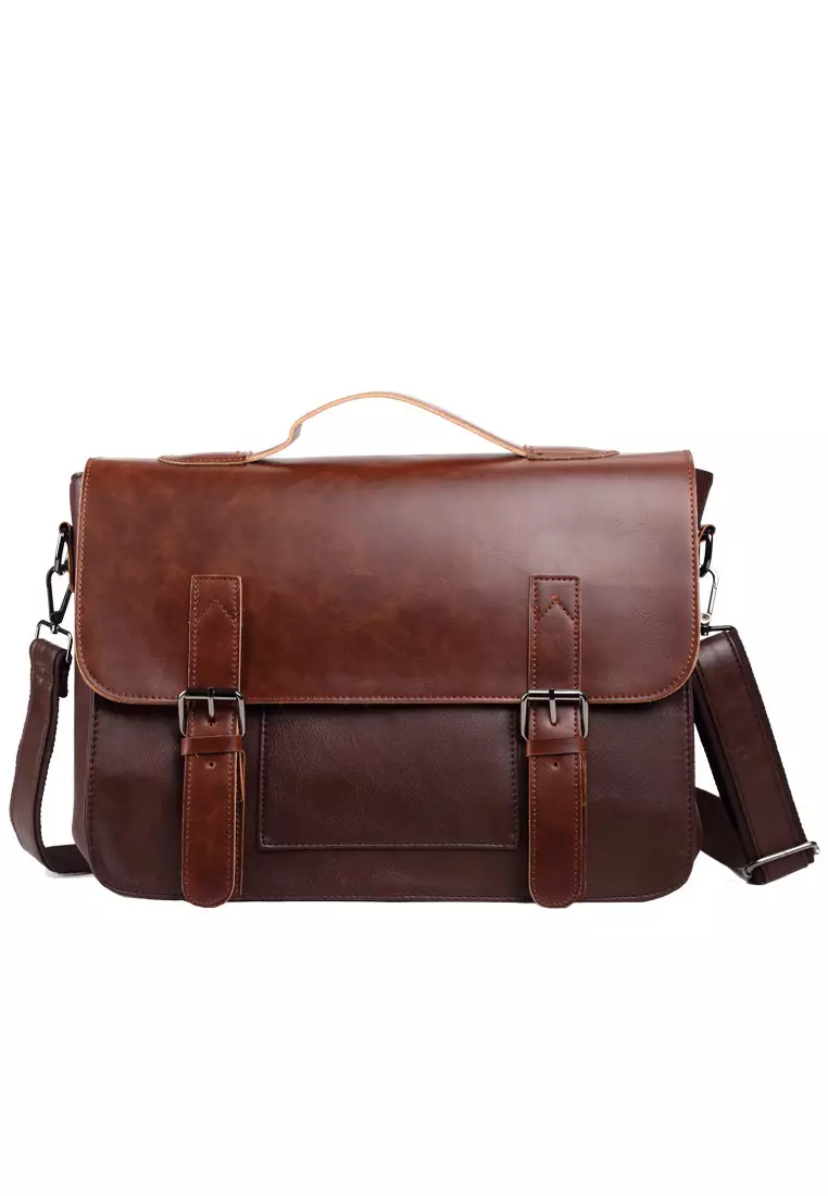 Men Front Flap Buckle Fasten Messenger Bag Dark Brown