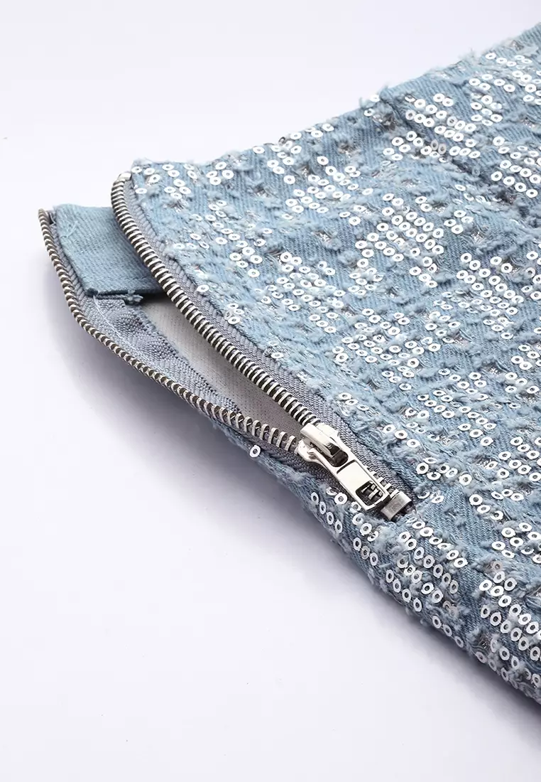 Sequin denim mini best sale skirt