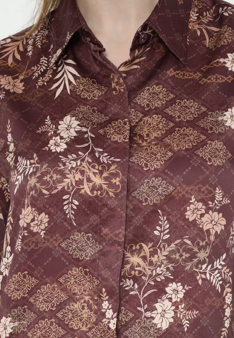 Floral Shirt Armany Silk Long Sleeve In Burgundy By Brilliant Girl Warna UNGU