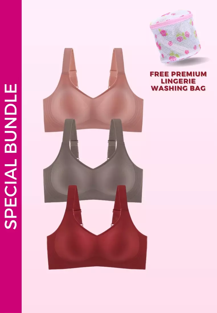 3 Pack Premium Melinda Seamless Wireless Padded Support Bra in Pink, Brown and Wine