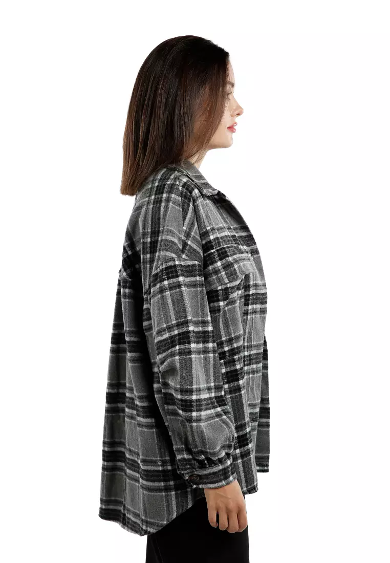 Black Oversized Flannel Plaid Shirt
