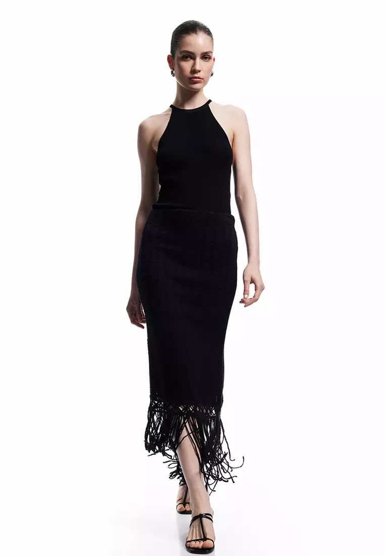 Standard Waist Tasseled Midi Pencil Skirt