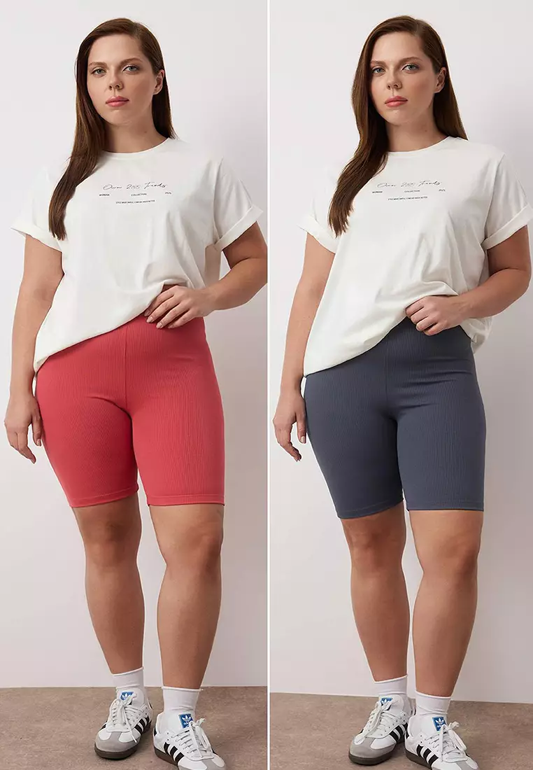 Anthracite-Dry Rose High Waist 2-Pack Biker Ribbed Knit Plus Size Leggings Tbbss24Bv00000