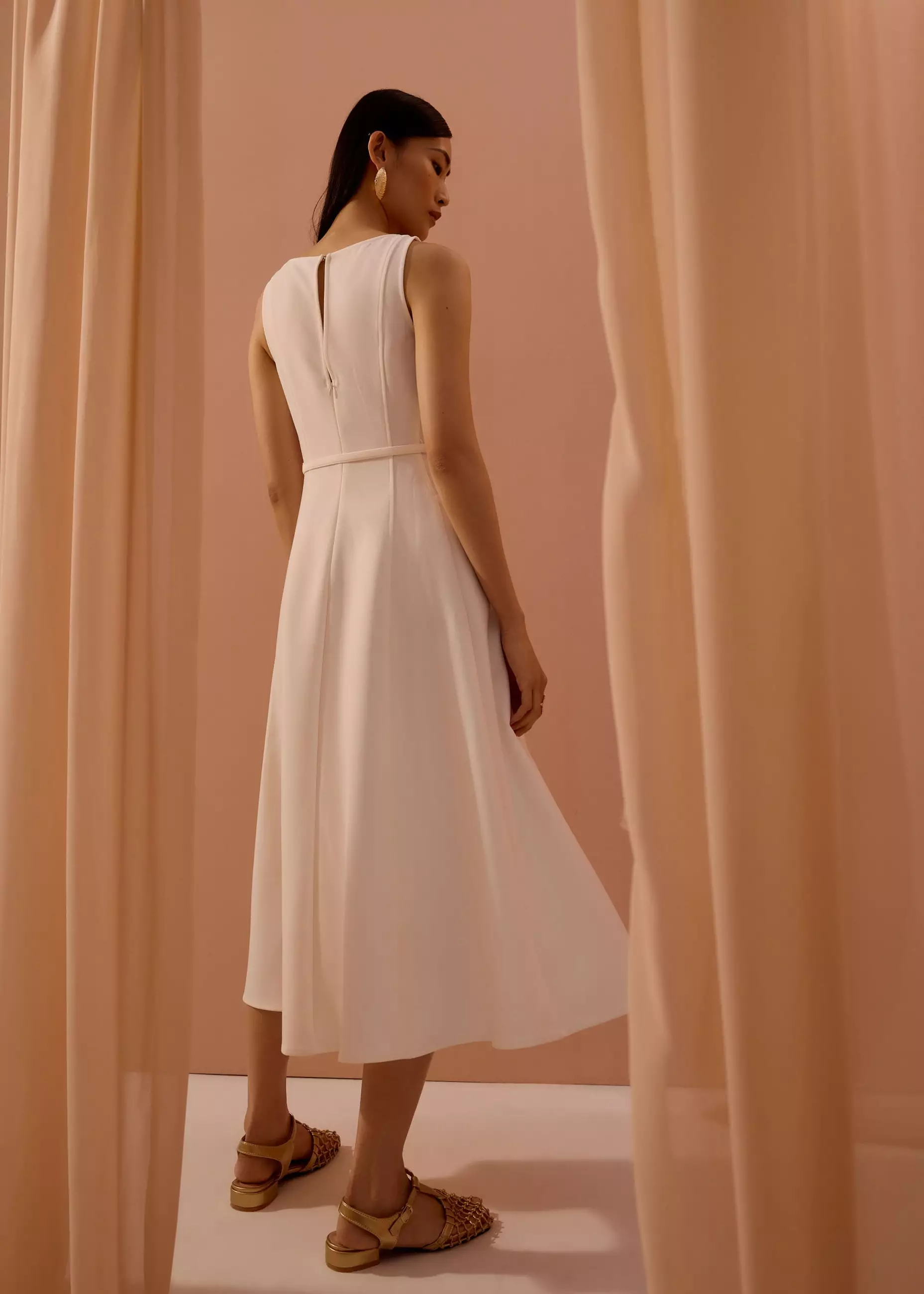Dress Wanita - Ling Belted Boat Neck Fit & Flare Midaxi Dress
