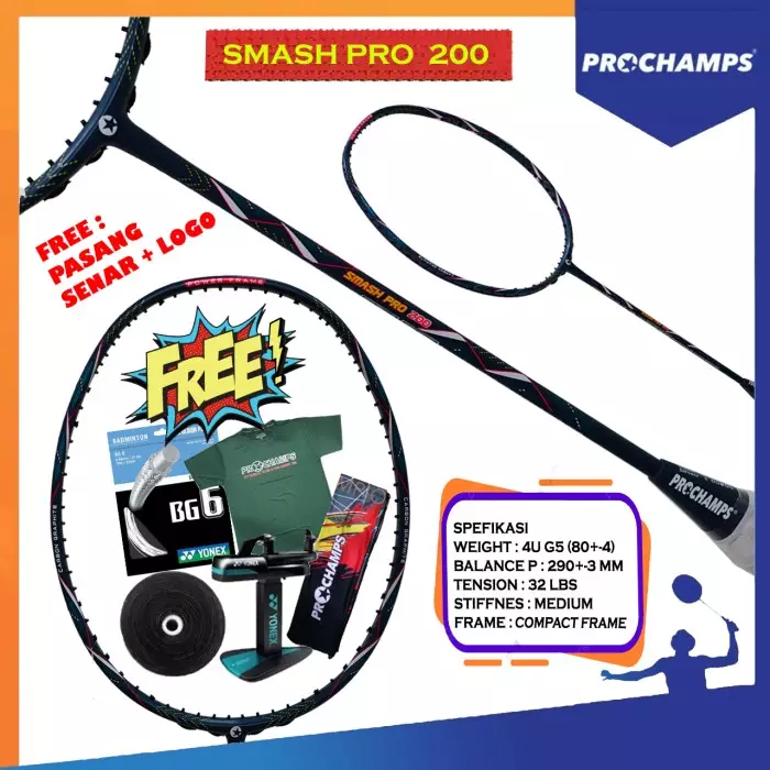 PROCHAMPS SMASH PRO 200 RAKET ORIGINAL  (PAKET SENAR YONEX BG 66 FORCE)