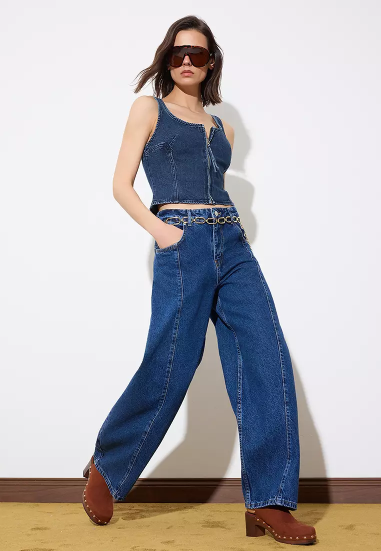 Limited Edition Blue Draped High Waist Baggy Jeans With Stitching Detail Twoss26Je8