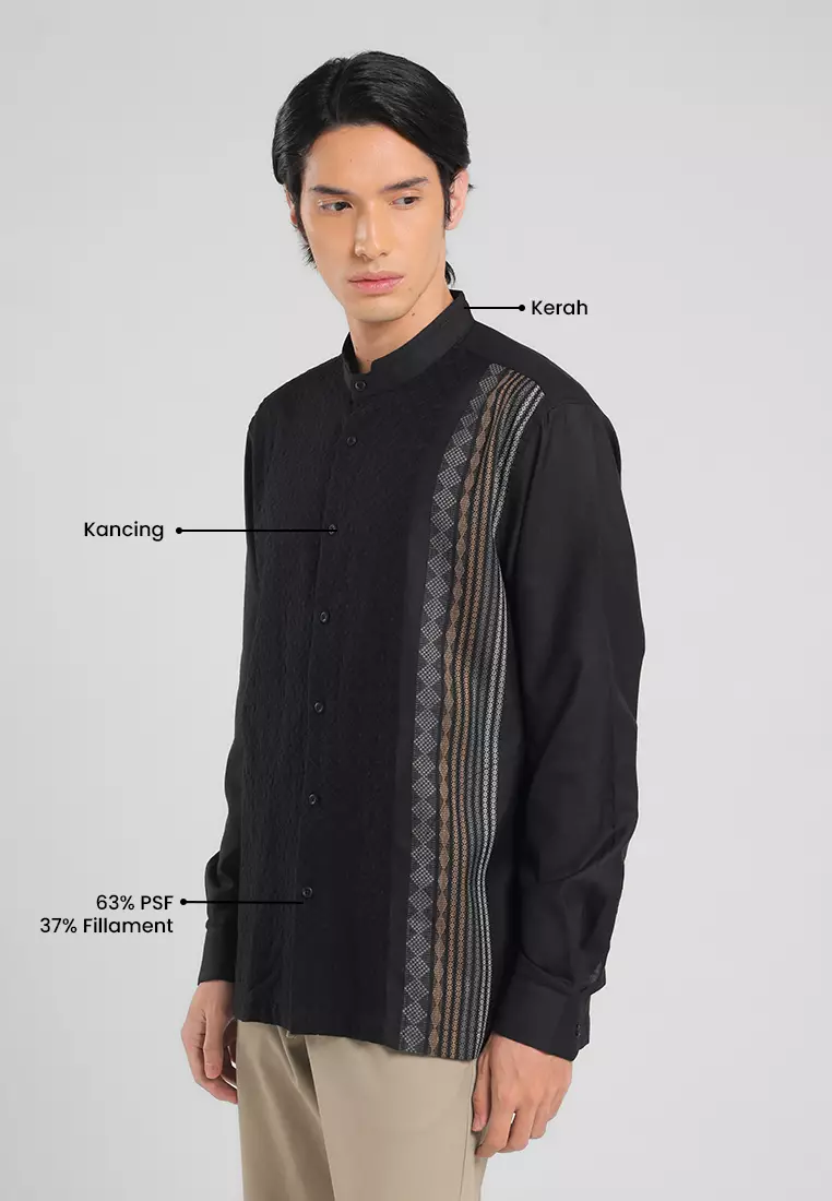 MANZONE X Adipati Dolken - Kemeja Koko Lengan Panjang Pria Fiqar Comfort Fit - Black Warna Black