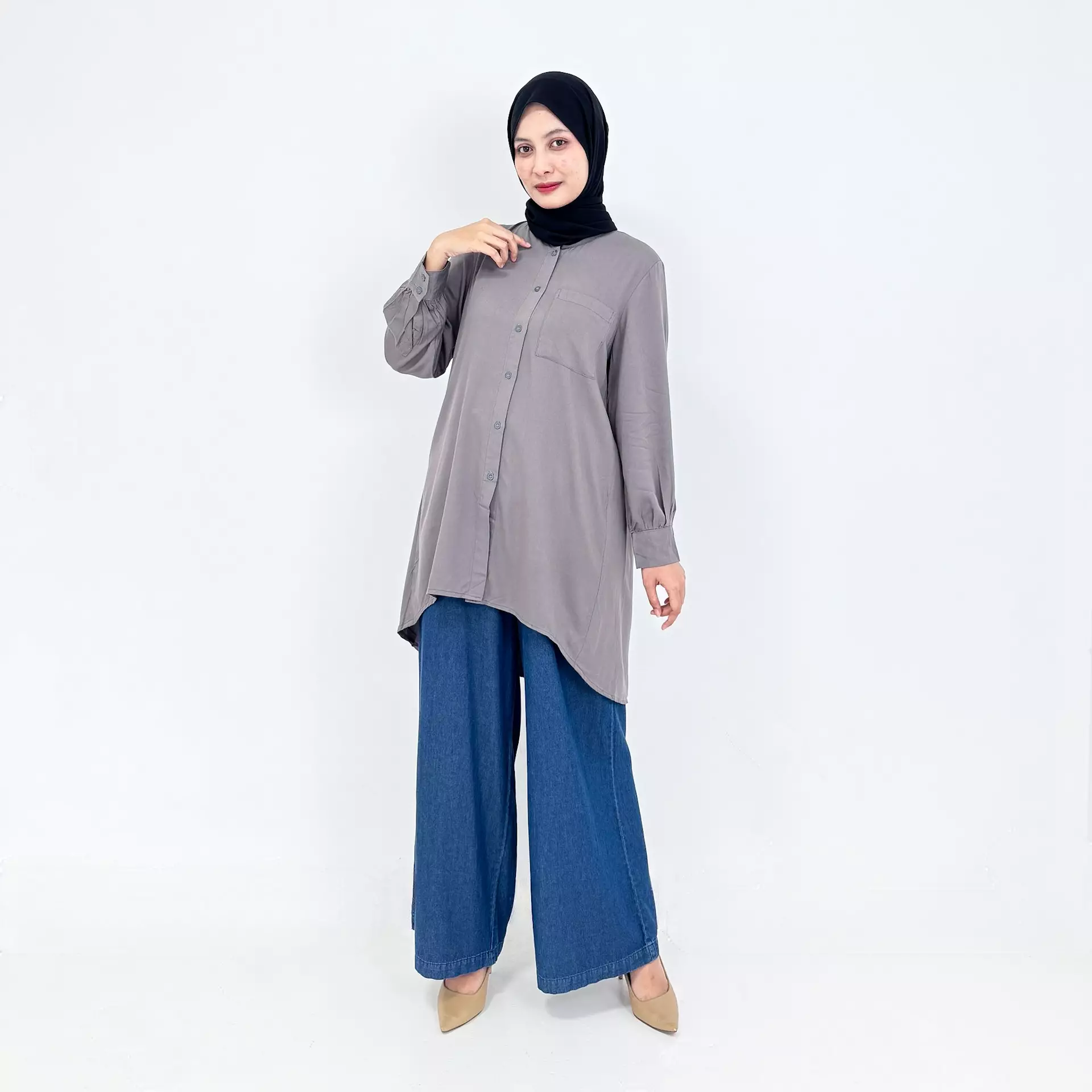 Cotton Tunic Nisa - ABU ABU- Tunik Lengan Panjang Muslim Wanita Office Wear