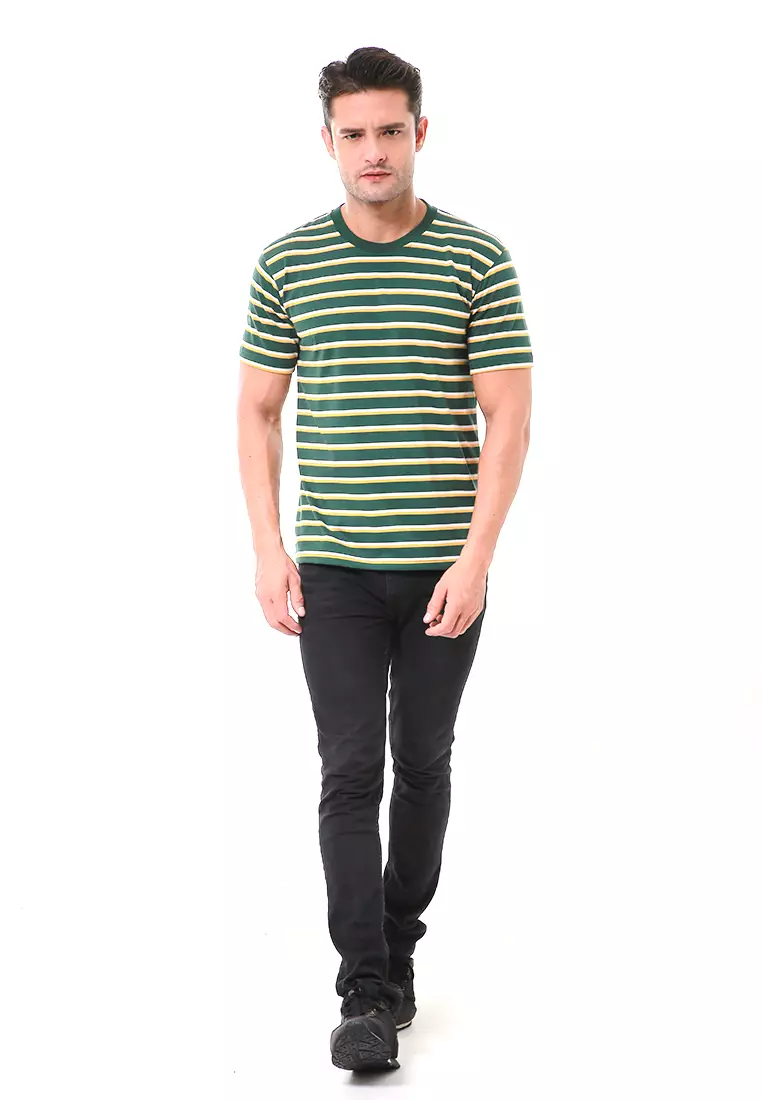 Aisley Kaos Pria Lengan Pendek Sweatshirt Kasual Stripe Motive Material Cotton ORIGINAL - Green