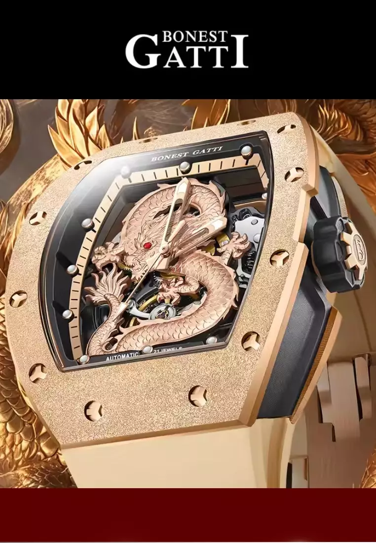 Automatic Unisex DRAGON Stainless Steel Watch, Rubber Strap