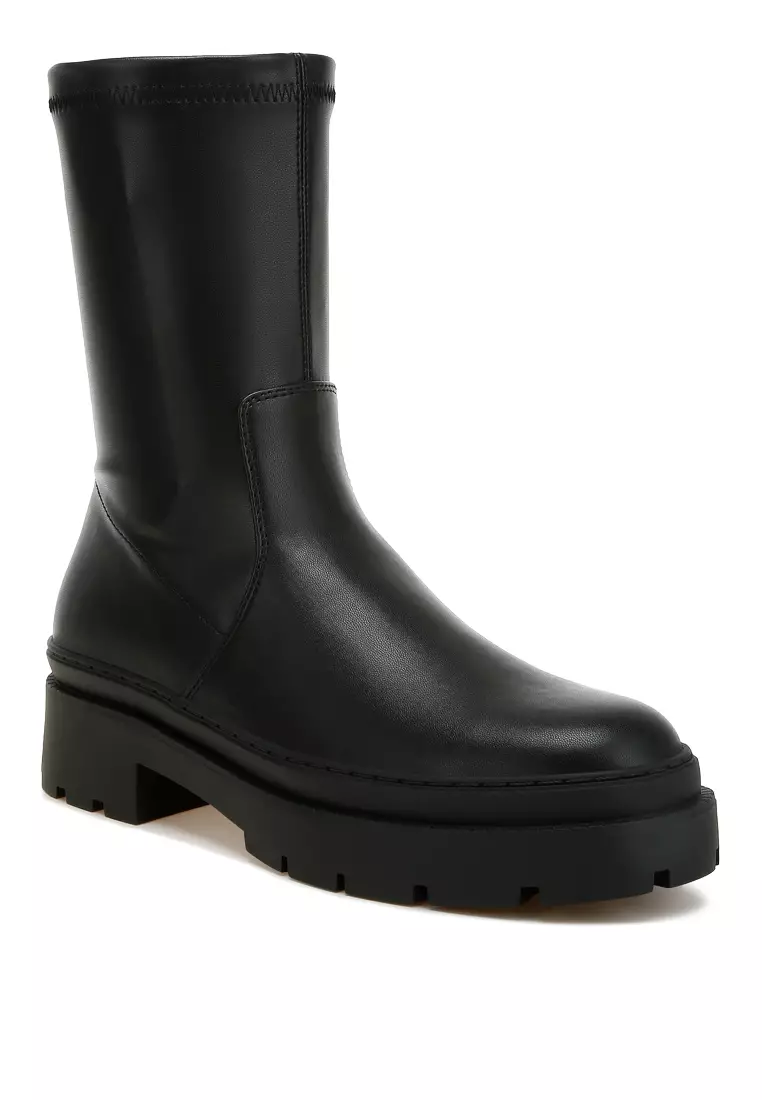Chunky Faux Leather Calf Boots in Black
