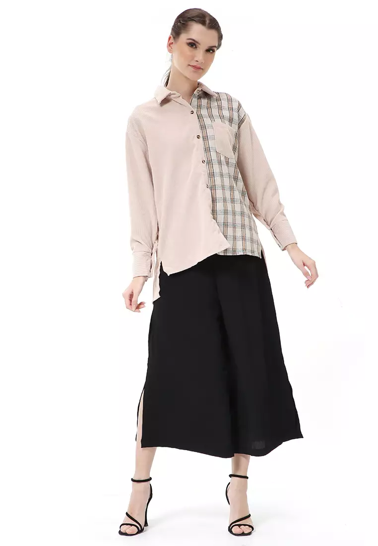 Brielle Atasan Wanita Kemeja Lengan Panjang Kombinasi Model Material Coduroy Polyester ORIGINAL - Apricot