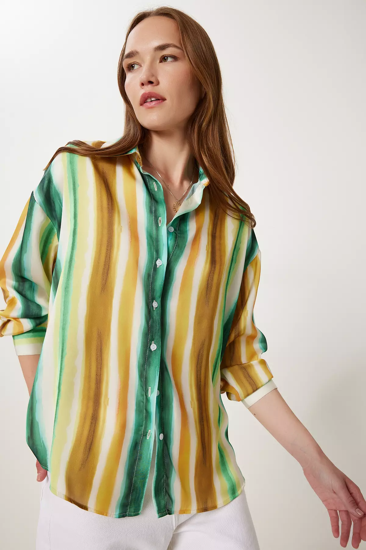 Women's Yellow Green Patterned Satin Surface Shirt Pb00042