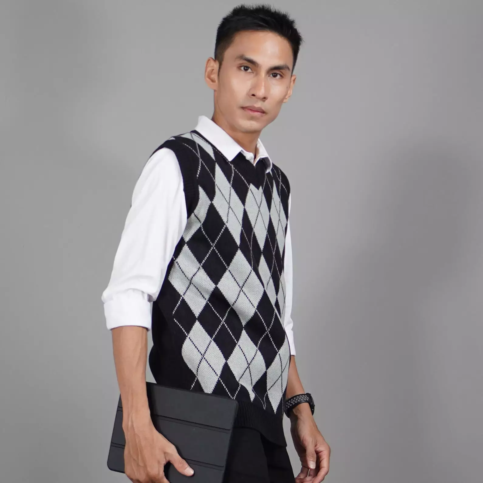  VEST MOTIF KOTAK Knit Vest Korean Style Knit Outerwear Pria - HITAM