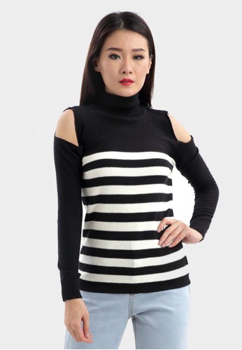 Cut Out Long Sleeve Turtleneck Blouse in White Stripe
