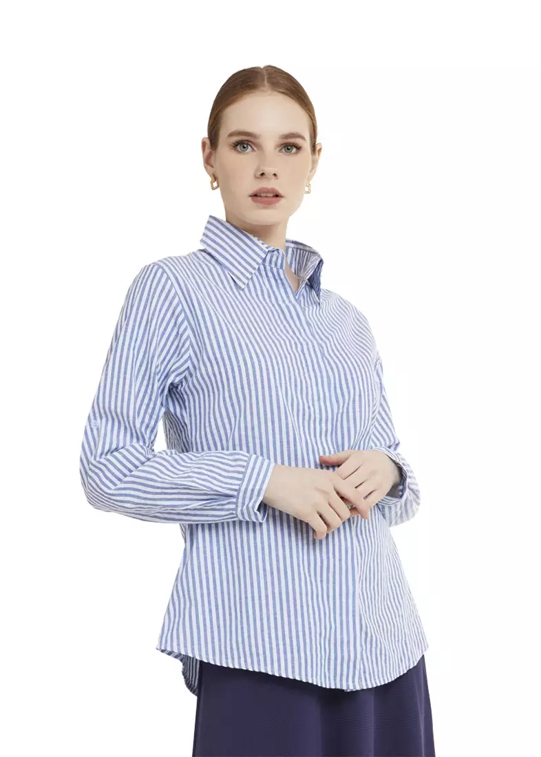 Kemeja Salur Basic Lengan Panjang Garis Shirt Wanita - Blue
