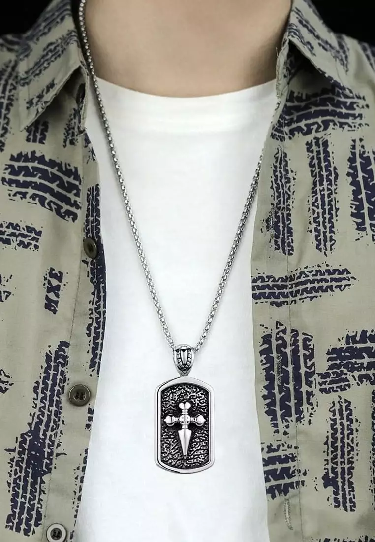 Aksesoris Pria Sword Pendant Rectangular Pendant Premium Stainless Steel Necklace Kalung Pria Silver