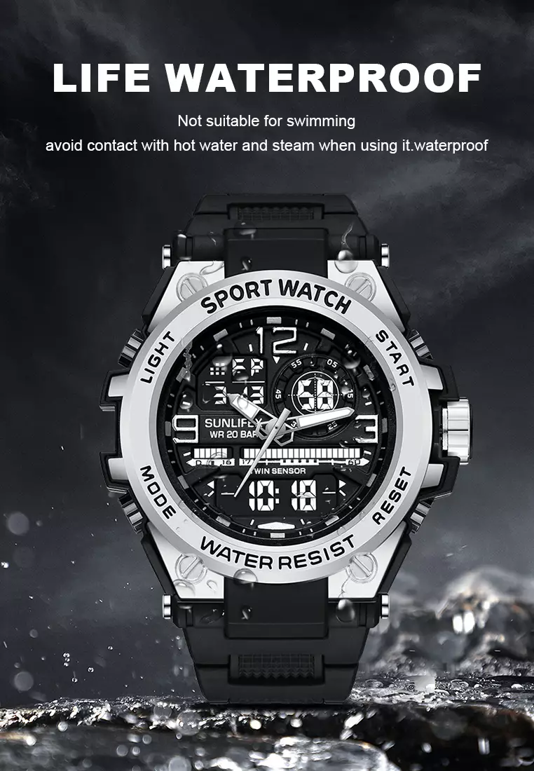 Jam Tangan Pria Digital&Analog Olahraga Multifungsi Tali Silikon Jam Tangan Cowok D003 black silver