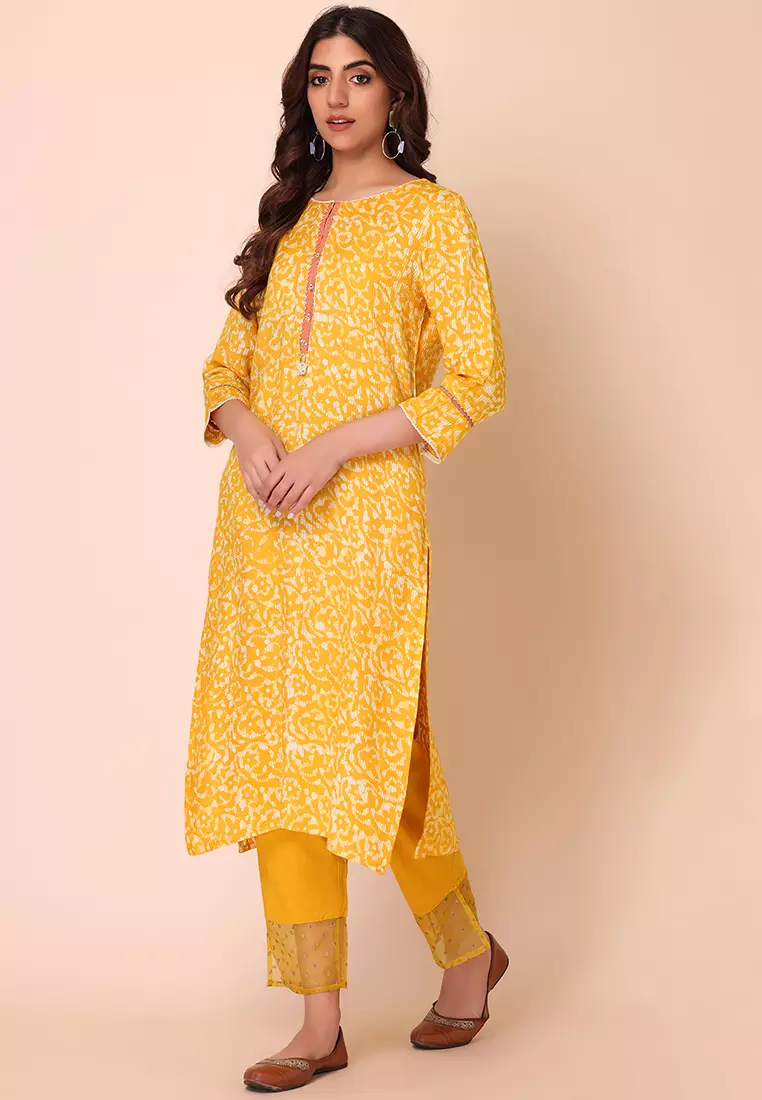 Buy Indya Yellow Batik Print Kurta With Pants And Peach Dupatta (Set of ...