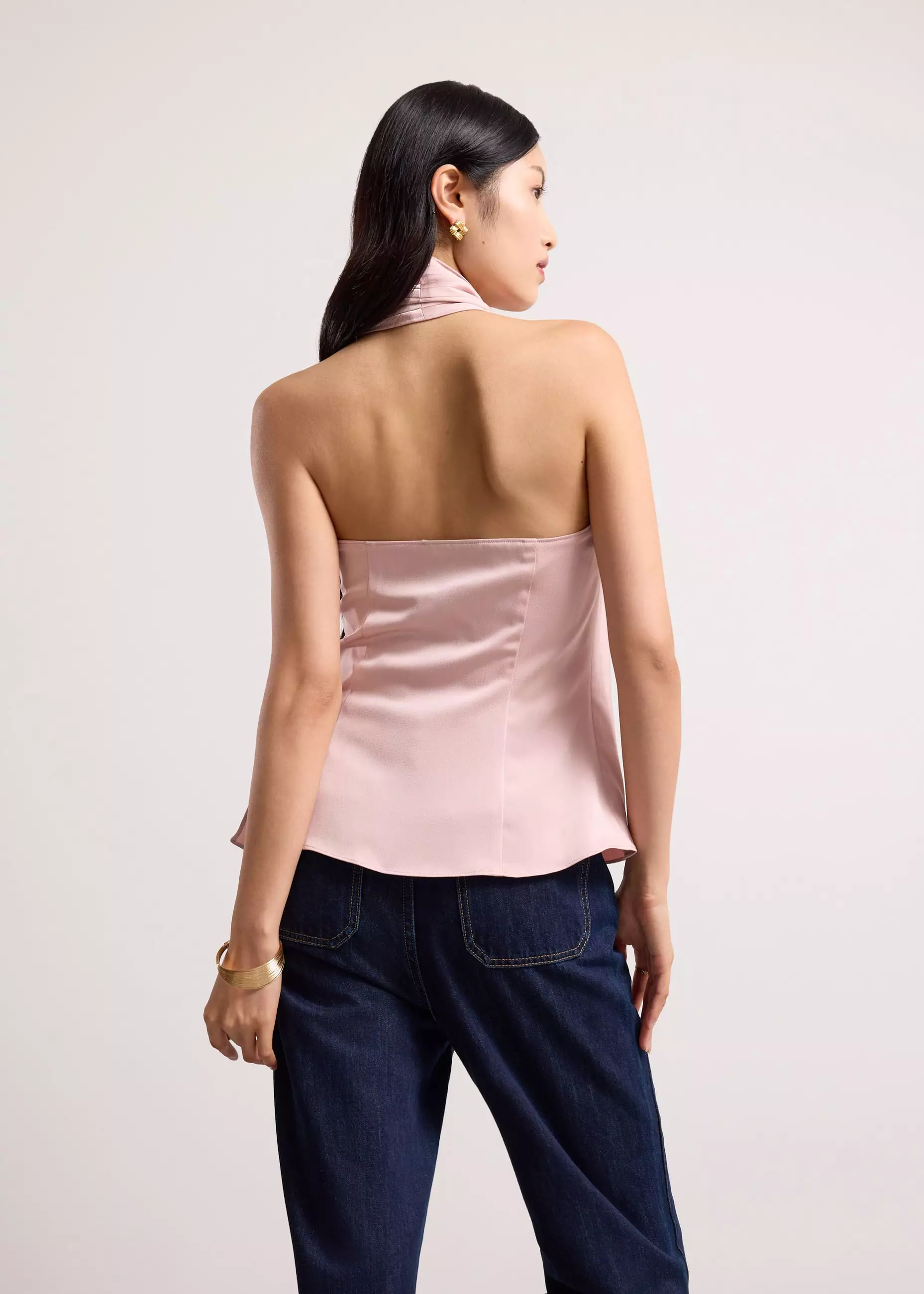 Atasan Wanita - Satin Cowl Neck Halter Fitted Top