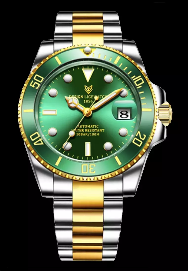 AUTOMATIC Unisex Diver's Stainless Steel Self-winding Watch, Green turning bezel, Green dial on Bicolor Steel Bracelet