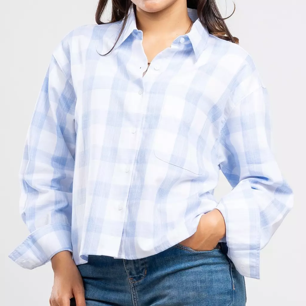 C2 Felucy Blue Kemeja Oversize Crop - Boxy Shirt Wanita