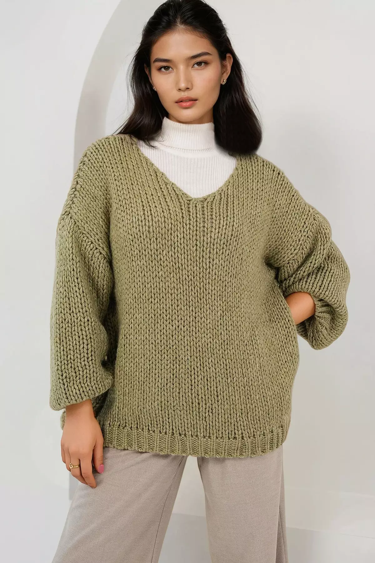 Women'S Khaki V-Neck Thick Thessaloniki Braided Soft Textured Oversized Sweater Alc-X14850