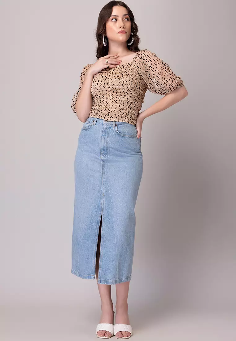 Beige Flock Print Crop Top