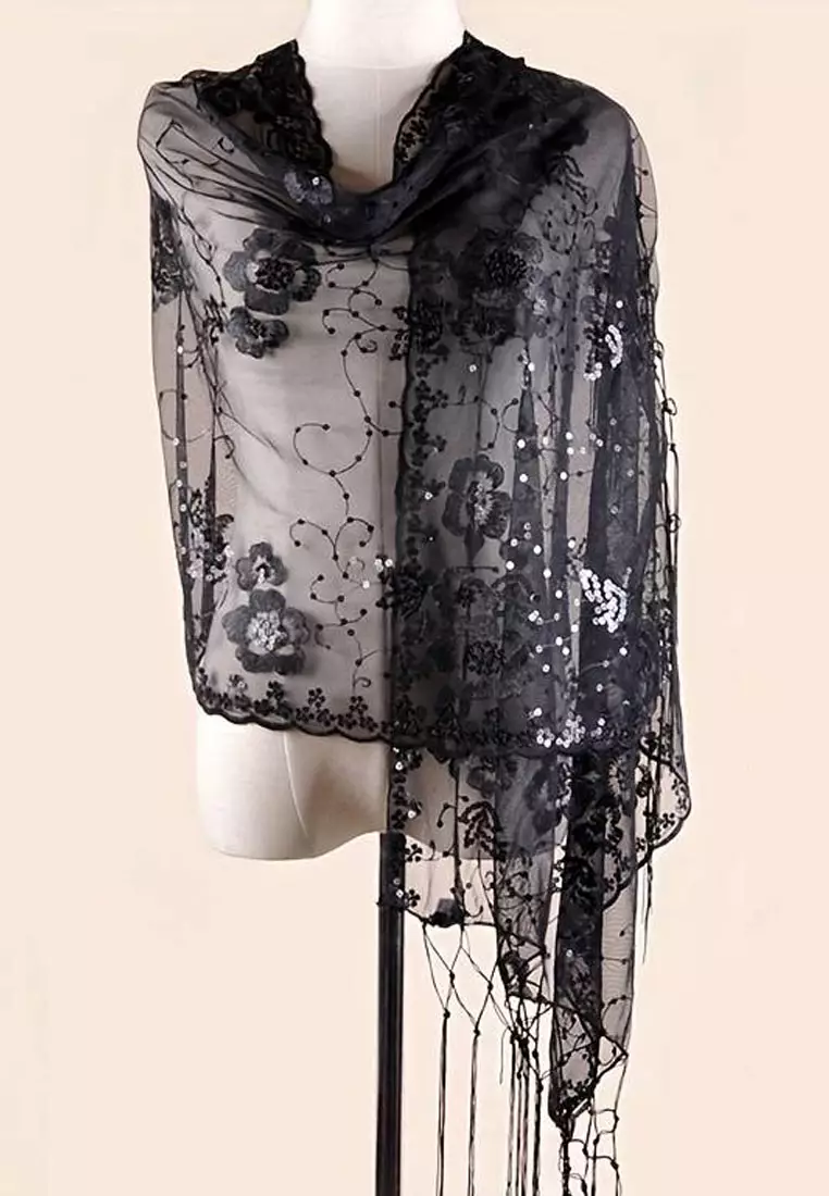 Aksesoris Wanita Small Flower Sequinn Lace Fringed Evening Shawl Syal Pesta Wanita Black