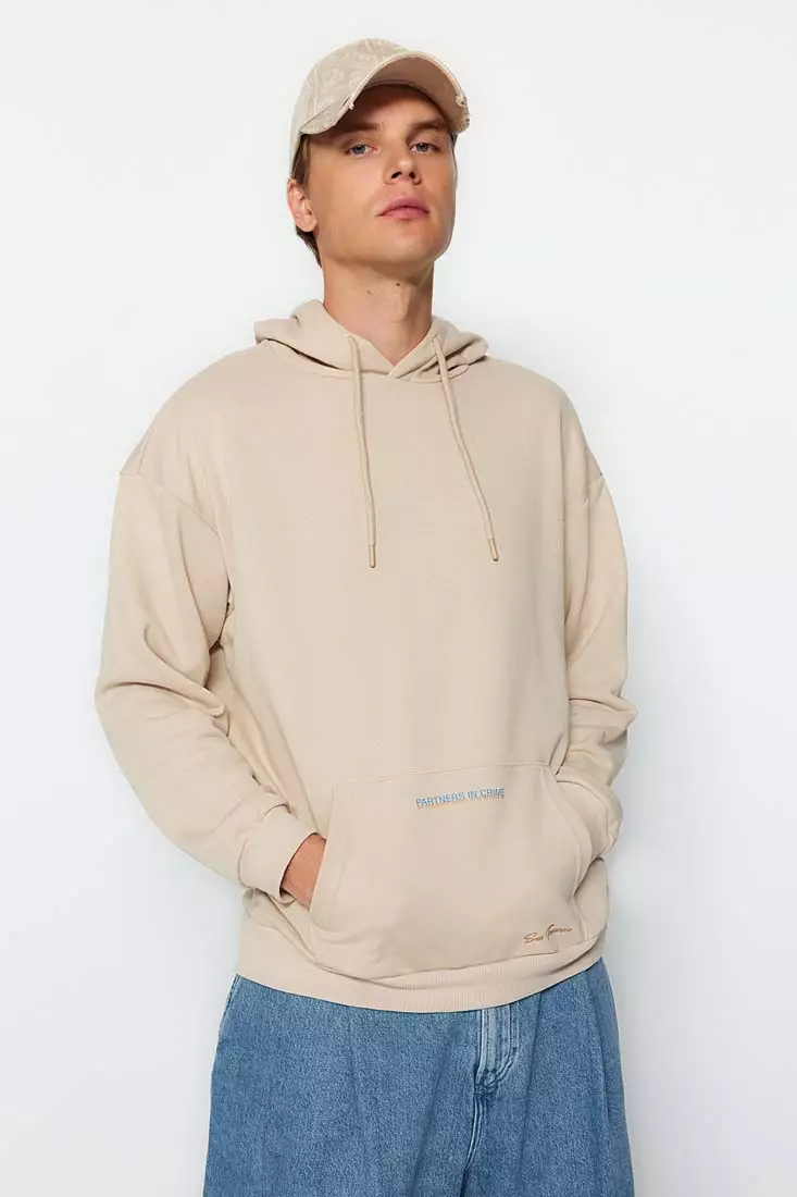 Beige Men s Oversize Wide Cut Hoodie Printed Sweatshirt