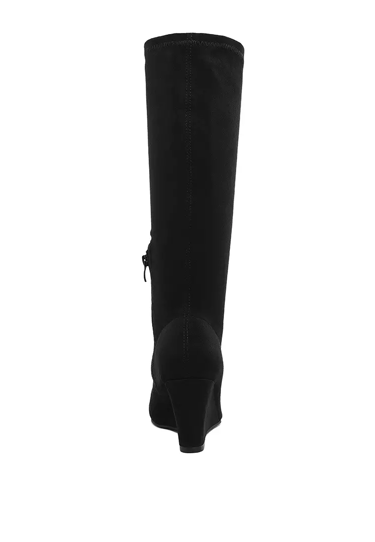 Microfiber Wedge Heel Boots in Black